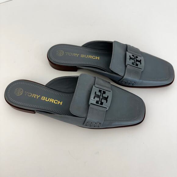 Tory Burch Georgia Leather Loafer Backless Mules in Light Blue Gray Logo 9.5 M - Picture 2 of 13